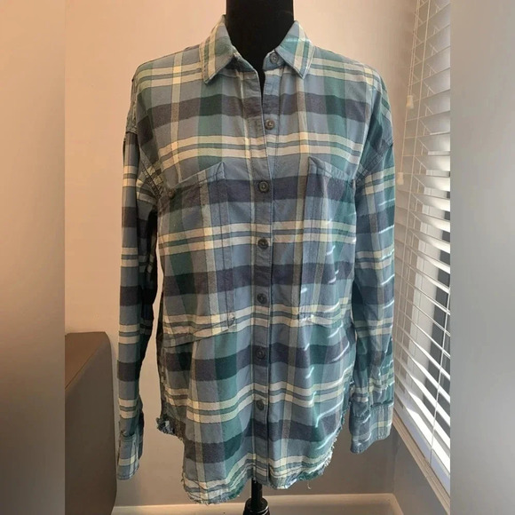 Free People Loveland Blue Plaid Button Up Long Sleeve Shirt frayed hem Size S - Picture 2 of 9
